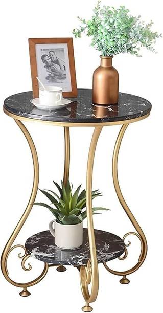 The Flourish Marble Finish Round Coffee Table with Metal Frame & Storage Shelf | Center Table Solid Wood Coffee Table