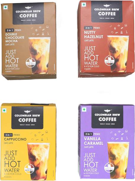 कोलंबियाई ब्रेव असॉर्टेड इंस्टेंट कॉफी कैफे लाट्टे, कैपेचीनो, हेज़लनट, वनीला कैरेमल, डबल चॉको मोचा इंस्टेंट कॉफी