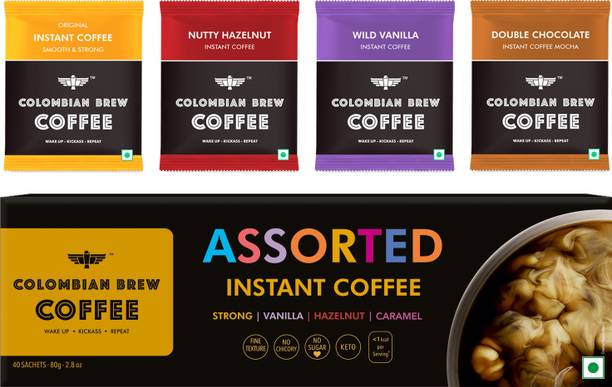 कोलंबियाई ब्रेव असॉर्टेड इंस्टेंट कॉफी बॉक्स, ( स्ट्रांग,वनीला,हेज़लनट,सिनेमन) 80gm इंस्टेंट कॉफी