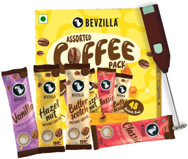 Bevzilla Instant Coffee Powder - 48 Sachets with Electric Frother, 12 Sachet Each Flavour Instant Coffee