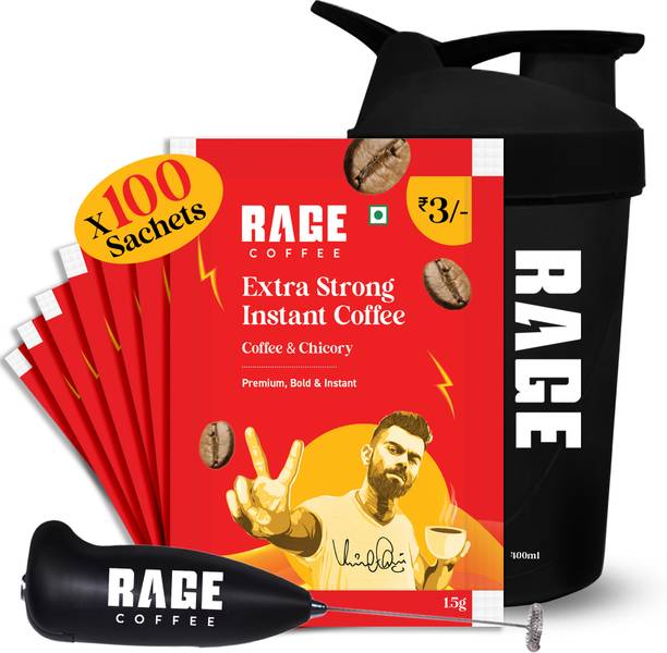 RAGE Extra Strong Premium Blend Coffee Pack of 100+Multipurpose Shaker 450 ml+Frother Instant Coffee