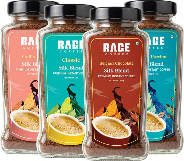 RAGE Silk Blend Combo (Pack of 4) - Classic, Chocolate, Hazelnut & Vanilla 120g each Instant Coffee (4 x 120 g, Assorted Flavoured)