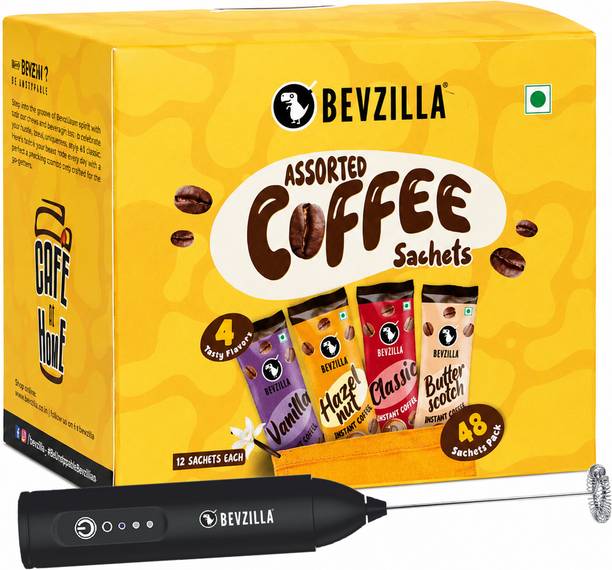 Bevzilla Instant Coffee Powder - 48 Sachets with Electric Frother, 12 Sachet Each Flavour Instant Coffee