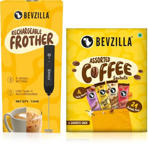 Bevzilla 24 Flavoured Coffee Sachets & Rechargeable Frother with Type-C Fast Charging Instant Coffee