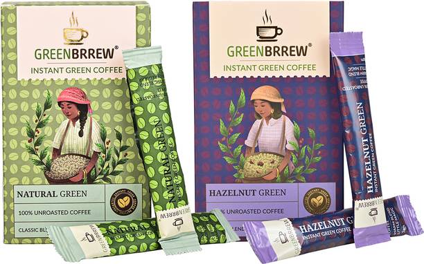 GreenBrrew Natural Green + Hazelnut Green | 100% Unroasted Coffee | 20 Sachets Each Instant Coffee