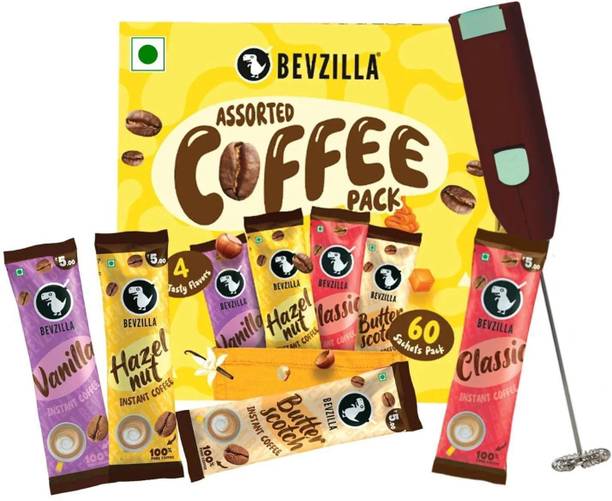 Bevzilla 60 Coffee Powder Sachet with Frother|4 Flavours |Café Coffee Kit| Instant Coffee