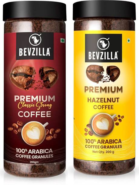 Bevzilla Instant Coffee Powder Combo- 200g Premium Classic Strong & 200g Hazelnut Instant Coffee