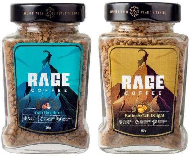 RAGE Coffee Combo Pack of 2 - Butterscotch Delight & Irish Hazelnut Flavoured Instant Crystal Coffee 50 Gms Each Roast & Ground Coffee