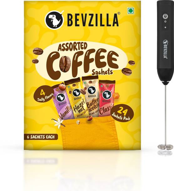Bevzilla 24 Flavoured Coffee Sachets & Rechargeable Frother with Type-C Fast Charging Instant Coffee