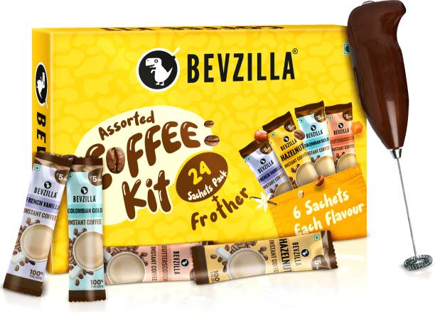 Bevzilla Instant Coffee Gift Box of 24 Assorted Coffee Sachets & Frother Instant Coffee