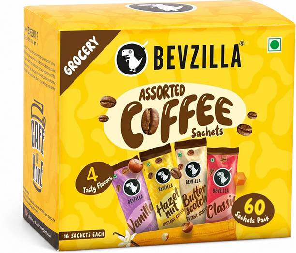 Bevzilla Instant Coffee Powder 64 Flavored Coffee Sachets Assorted Instant Coffee