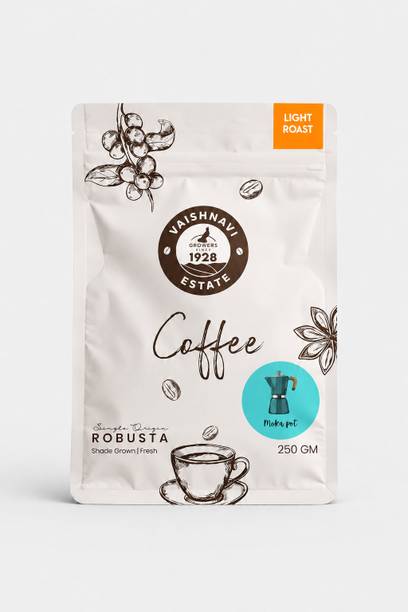 VaishnaviEstate Light Roast Robusta Coffee | Single Origin | Moka Pot Grind | Non-Vegan | 250g Roast & Ground Coffee
