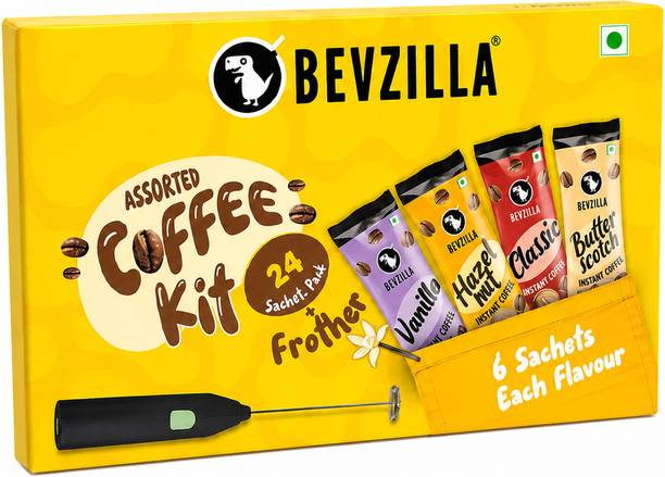 Bevzilla 24 Flavoured Coffee Sachets & Frother Cafe Coffee Kit Instant Coffee