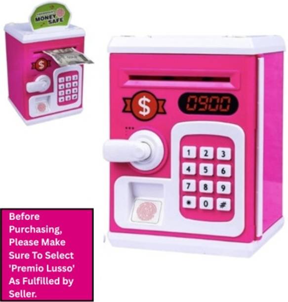Premio Lusso ATM Piggy Bank with Password Lock, Fingerprint Sensor Pink Coin Bank