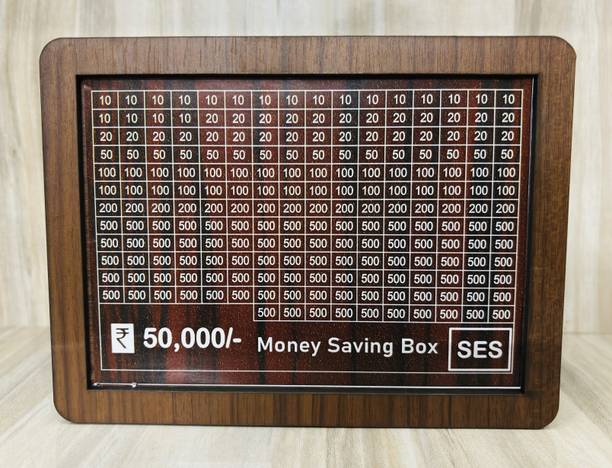 SES Piggy Bank, Money Bank Savings Plan Wooden Money Box with Counter Rs 50000 Coin Bank