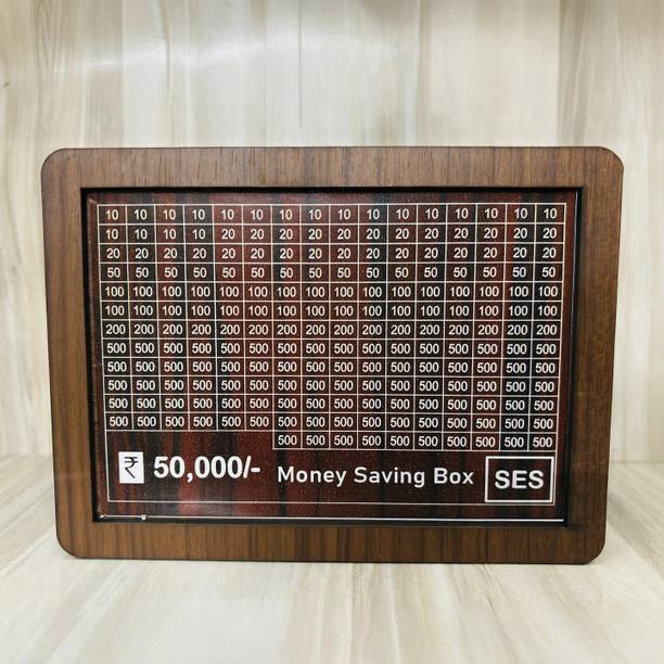 SES 50K Piggy Bank, Money Bank Savings Plan Wooden Money Box with Counter Rs 50000 Coin Bank