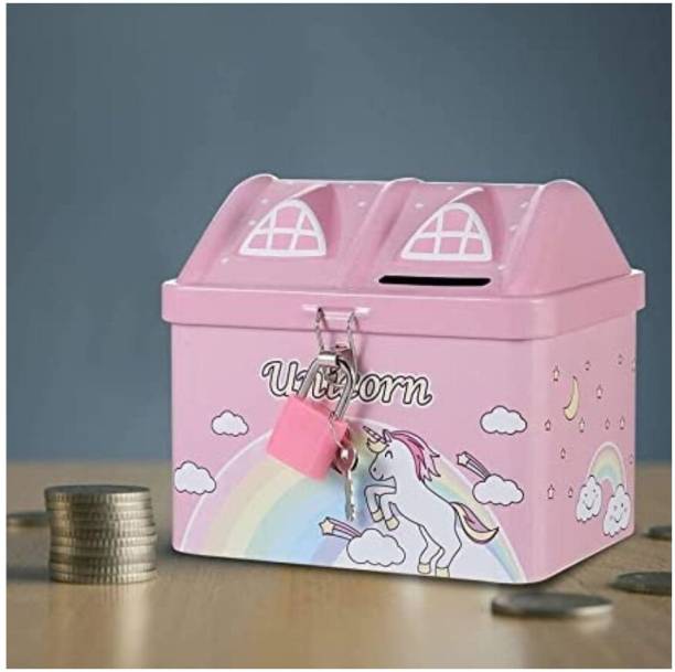 barbarik Unicorn Piggy Bank for Girls/Boys Kids with Lock Key, House Shape Coin Bank