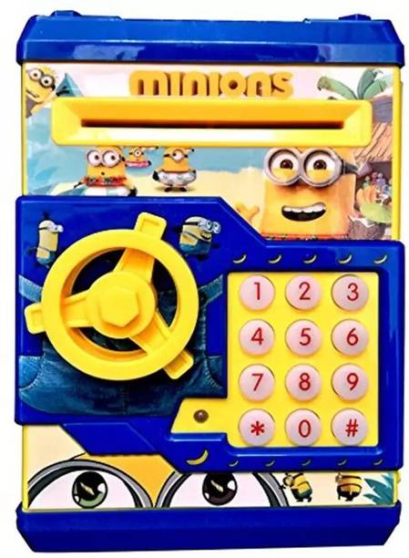 TRYOKART Toys Battery Operated Mini ATM Safe Kids Piggy Saving ATM Bank with Electronic Lock Coin Bank Cash Deposit Cartoon Minion for Kids Coin Bank