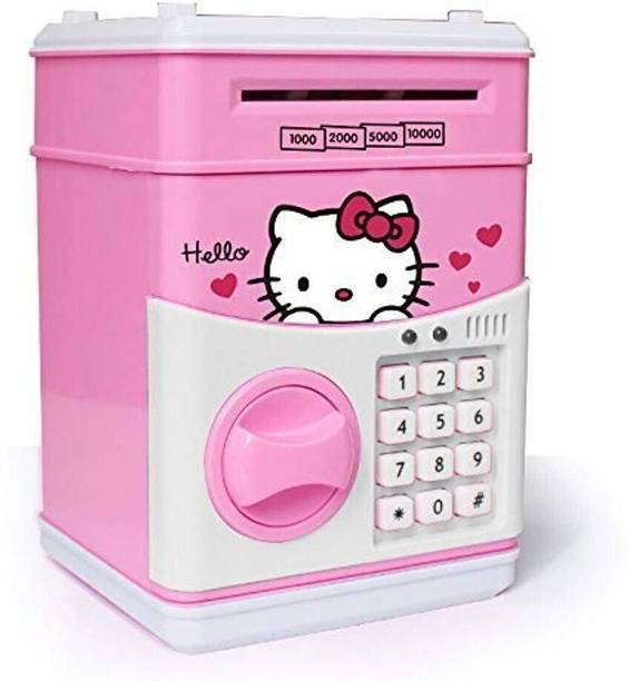 HK Toys Mini Piggy Bank Safe Box Money Coin ATM Toy Machine Kids Gift Digital Saving Boxes Savings with Electronic Lock Password Cartoon for Children (Hello Kitty) Coin Bank