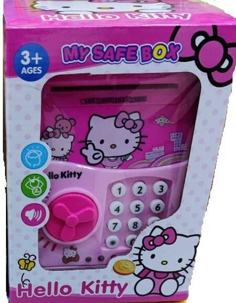 WONDER CREATURES Mini Electric Secret Password Safe ATM Piggy Bank Money Safe Deposit Box Toy (Hello Kitty) Coin Bank (Pink, White) Coin Bank