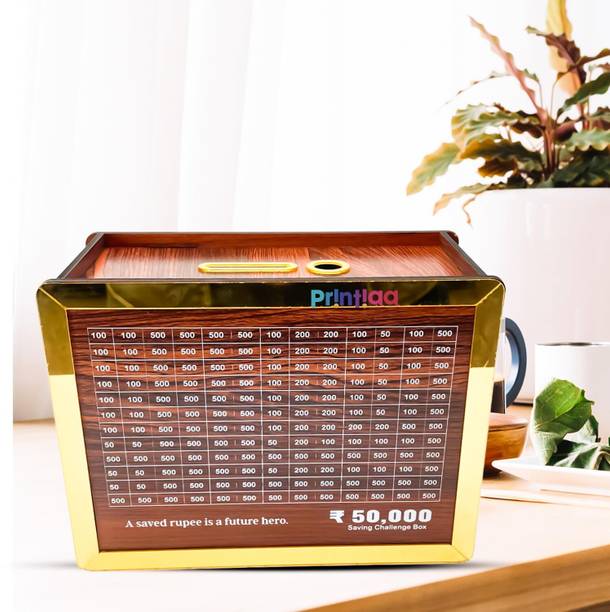 Printiaa Wooden Piggy Bank L-50k | 50,000 Savings Challenge Money Box Coin Bank