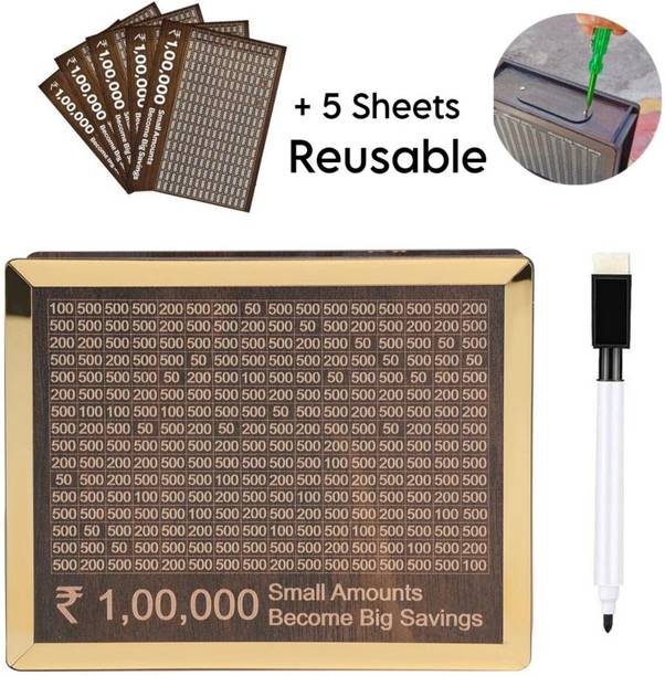 SANCORP Golden Money/Piggy Bank REUSABLE +5 SHEET for Savings Challenge Box 1,00,000 Coin Bank