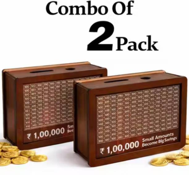 ZoonieceArt Wooden ₹1,00,000 Savings Tracker Box Combo of 2 | Reusable Money Goal Piggy Bank Coin Bank Brown