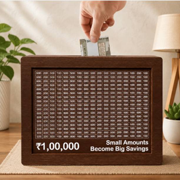 VISBY INDIA Wooden Money Saving Box | Cash Saver Money Box with Counti Coin Bank