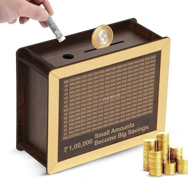 DARSHANAM WORLD golden Wooden Money Saving Box |Counting target money box | Coin box for saving Coin Bank