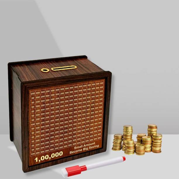 Signamio Wooden 1 Lakh Money Savings Piggy Bank Box with Numbers Coin Bank