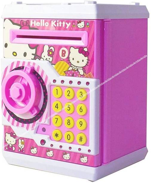 Patly Kids Money Bank ATM Safe Piggy Bank Savings Box Toy with Money- Pink White Coin Bank