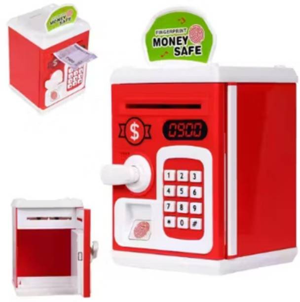 Premio Lusso ATM Piggy Bank with Password Lock, Fingerprint Sensor & LCD Screen [Red] Coin Bank