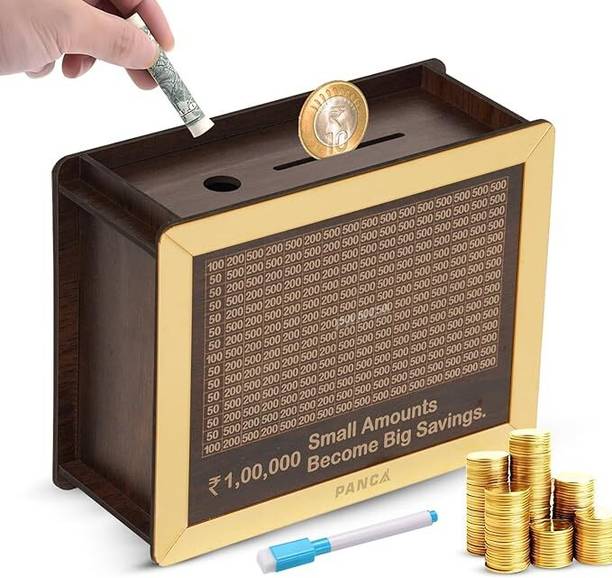 ZORIADA Golden Money Saving Piggy Box Wooden Coin Box with Pen for Kids & Adults Coin Bank