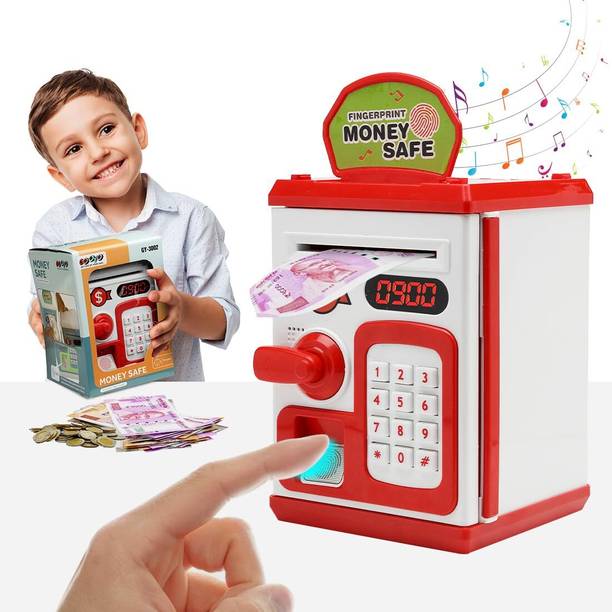 Premio Lusso Kids ATM Piggy Bank with Password Lock, Fingerprint Sensor & LCD Screen [ Red } Coin Bank