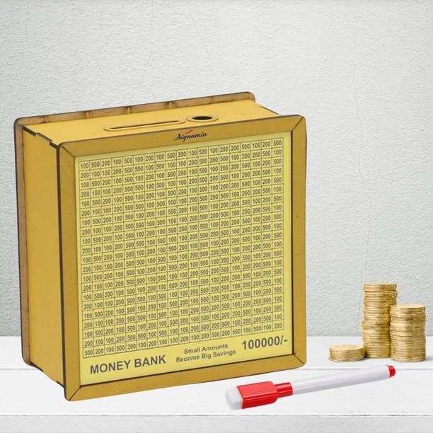 Signamio Wooden 1 Lakh Money Saving Piggy Bank Box with Numbers Golden Coin Bank
