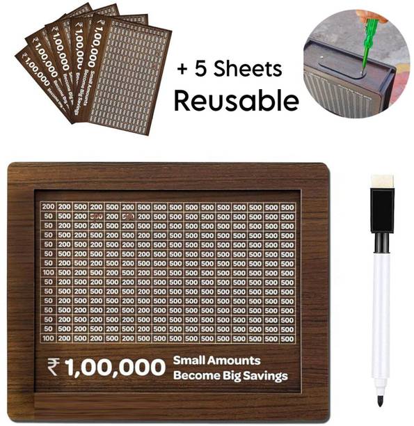 SANCORP Wooden Money/Piggy Bank REUSABLE +5 Sheets for Savings Challenge Box 1,00,000 Coin Bank