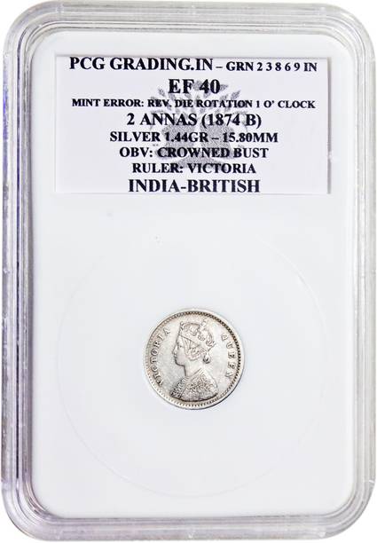 ANTIQUEWAY 1874B PCG EF40 Two Annas Mint Error:Rev. Die Rotation 1'O Clock Victoria Queen Medieval Coin Collection