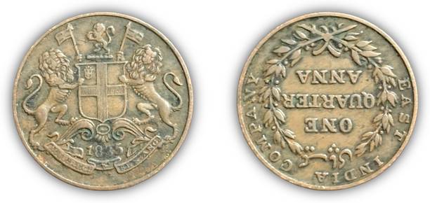 NUMISG 1835 Quarter Anna Die Rotation Error 6'O Clock East India Company Medieval Coin Collection