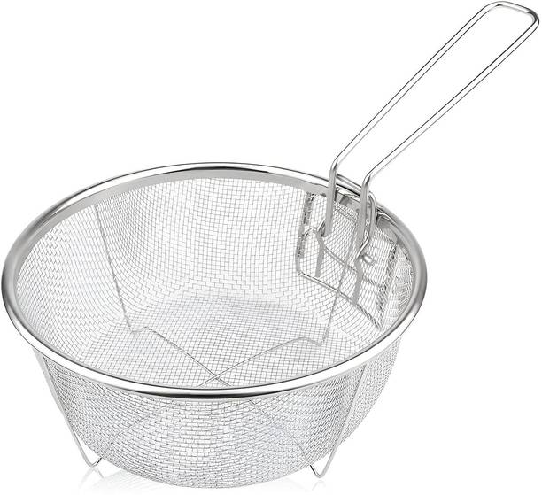 Kruvad Deep Fry Basket Folding Handle Round Wire Mesh Strainer for French Fries Collapsible Colander