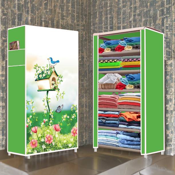 POOWEREST 6 Shelf House Tree Green Printed Carbon Steel Collapsible Wardrobe