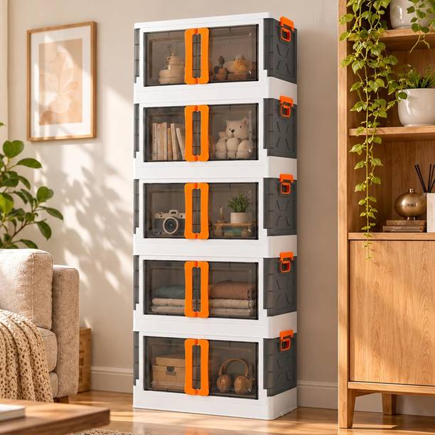 JD FRESH 5 Tier Foldable Plastic Storage Cupboard/Transparent Double Door & Handle Lock PP Collapsible Wardrobe