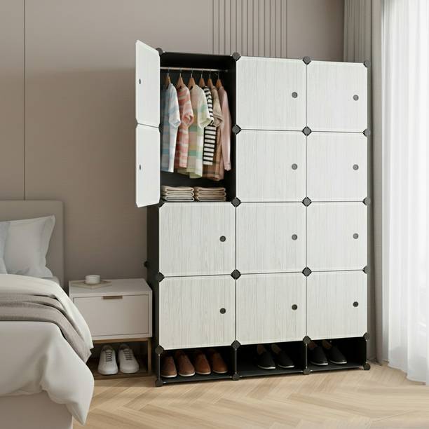 KriShyam ® 12-Cube Storage Cabinet with Doors,2 Hanging Rod & 1 External Hanger Hook PP Collapsible Wardrobe