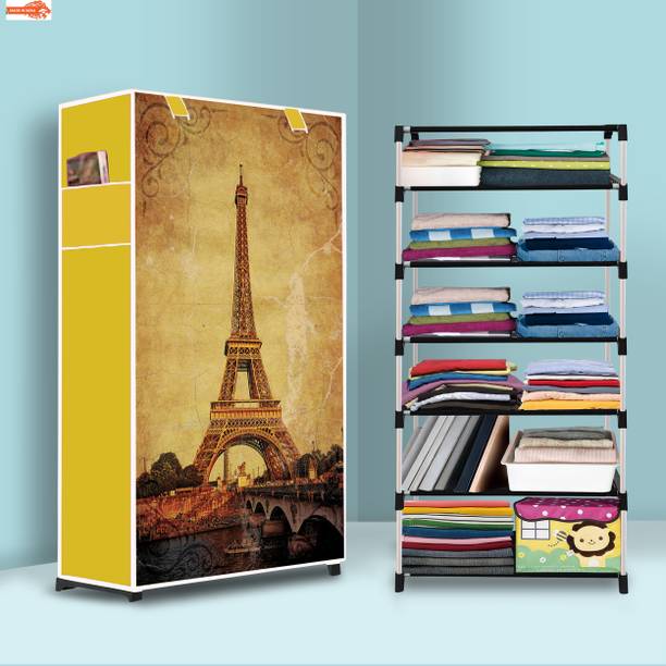 POOWEREST 6 Shelf Foldable Collapsible Wardrobe Storage Organizer Almirah Cloth Rack PVC Collapsible Wardrobe