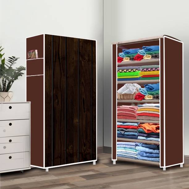 POOWEREST 6 Tire Wood Printed PVC Collapsible Wardrobe
