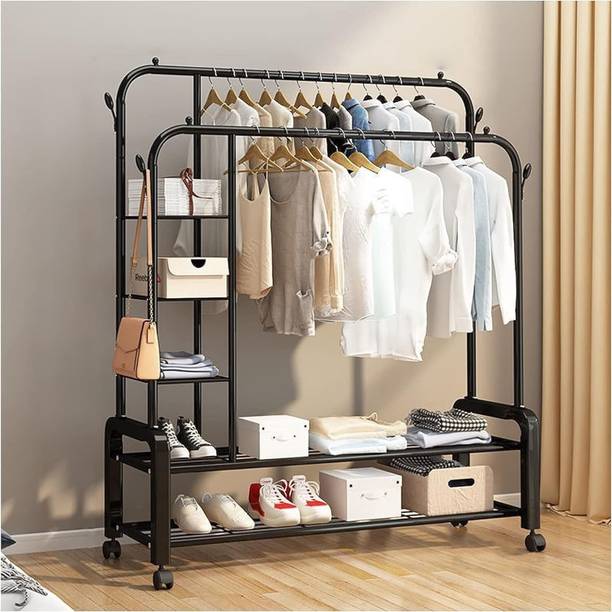 KriShyam ® Premium Heavy Double Rod Garment Rack with Side Storage Shelves &Wheels Carbon Steel Collapsible Wardrobe