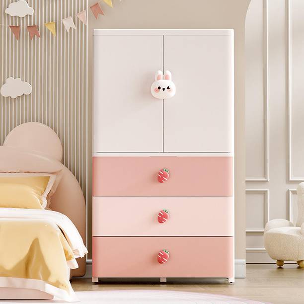 KriShyam ®Kids Plastic Wardrobe with Drawers & Cabinet Storage Cupboard with Bunny Handle PP Collapsible Wardrobe