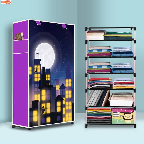 POOWEREST 6 Shelf Foldable Collapsible Wardrobe Storage Organizer Almirah Cloth Rack PVC Collapsible Wardrobe