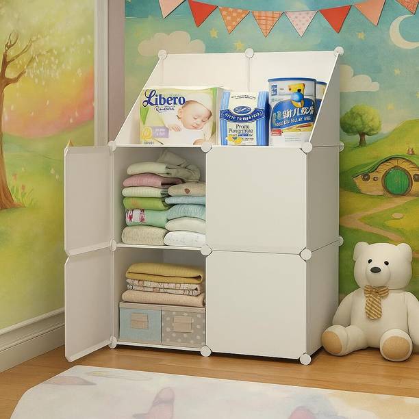 Evrum 4-Door 6-Shelf Plastic almirah for kids, almirah of clothes ,cupboard PC Collapsible Wardrobe