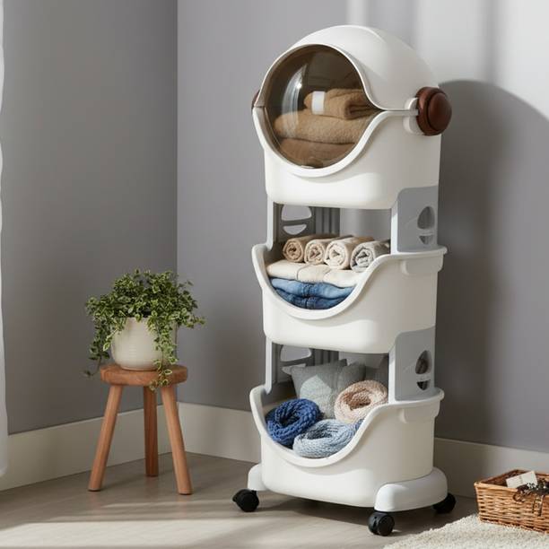 SHOPIVAAN 3 Tier Baby Plastic Storage Cabinet | Baby Clothes Organizer, Toy Storage Cart PP Collapsible Wardrobe