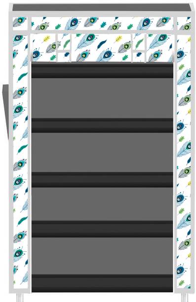 POOWEREST 5 Shelf Peacock Feather Print PVC Collapsible Wardrobe